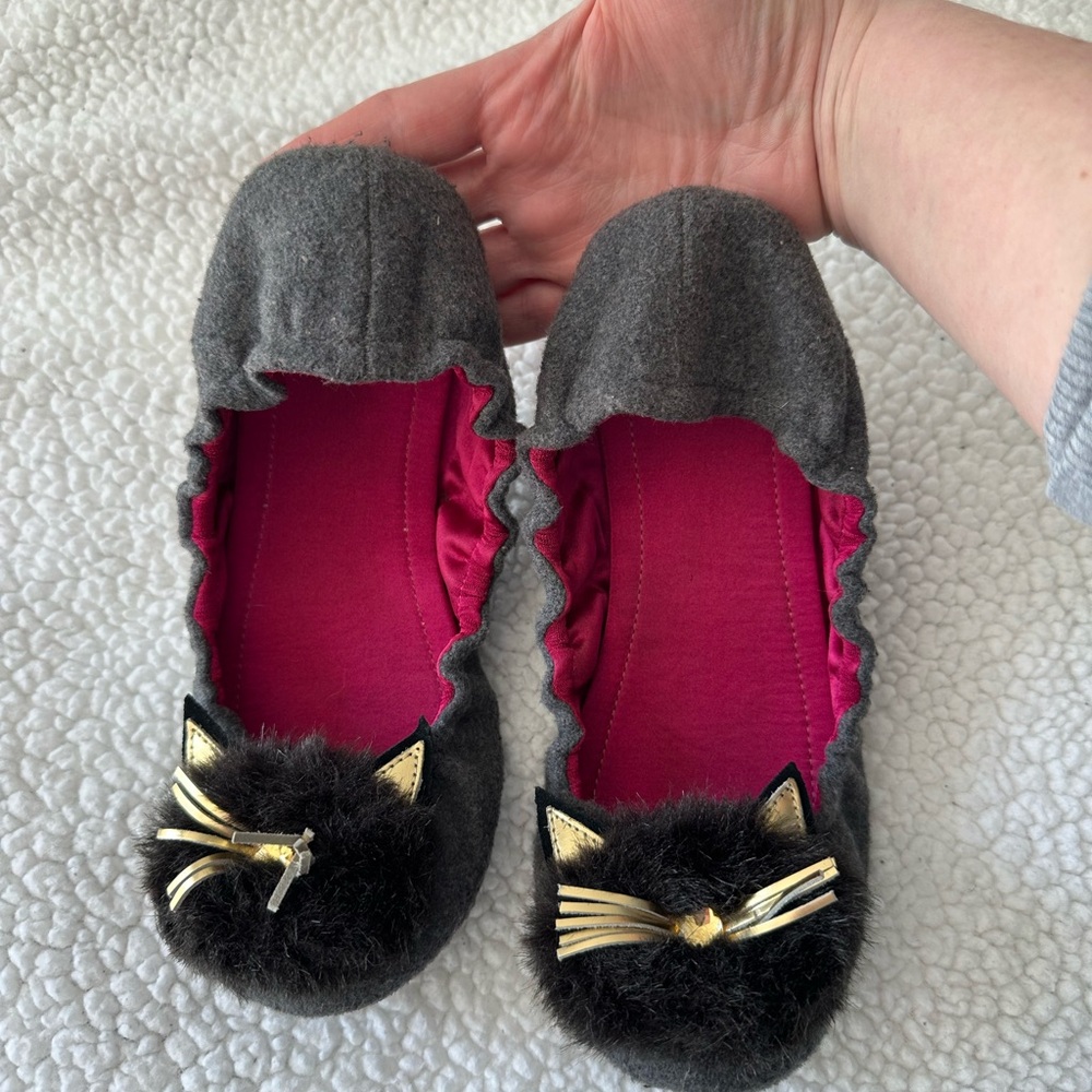 Kate Spade Gray and Pink Slippers with Cat Design